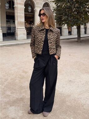 H&M Leopard Print Cropped Jacket Size XXS Animal Print Gold Button Chic